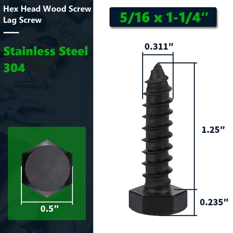 RoyceMart 20-Sets 5/16 x 1-1/4" Black Hex Head Lag Screws & Flat Washers, Heavy Duty Wood Lag Screws, 304 Stainless Steel (18-8), 5/16" Bolt - Image 2